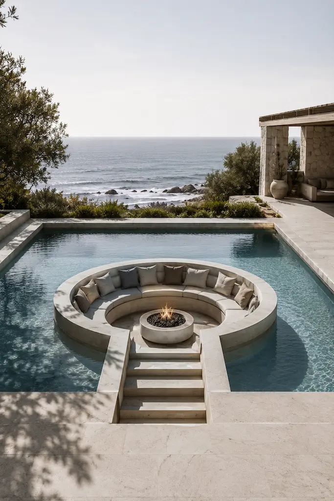 Circular sunken pool lounge overlooking the ocean, with curved built-in seating, pale stone finishes and water surrounding the space.