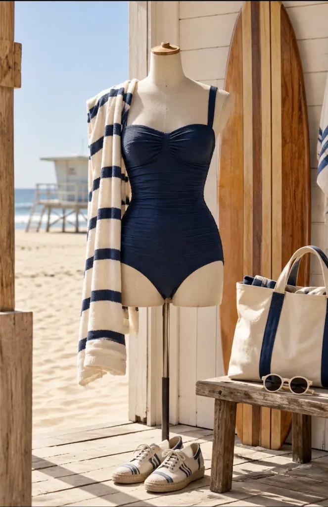 Navy one-piece swimsuit with striped beach towel, canvas bag and surfboard in a Malibu beach setting