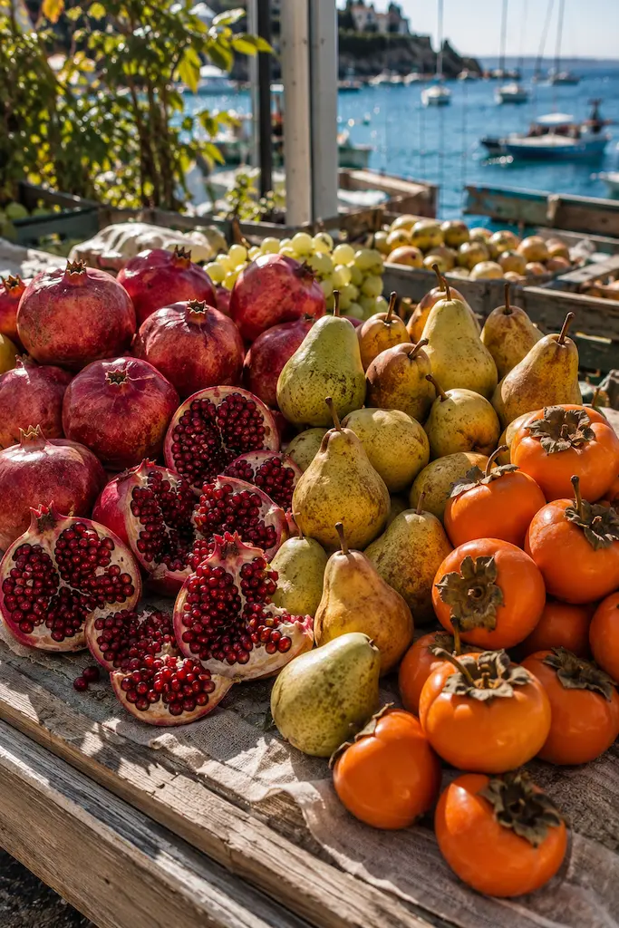 Pomegranates, golden pears and orange persimmons displayed together at a sunlit coastal produce market.