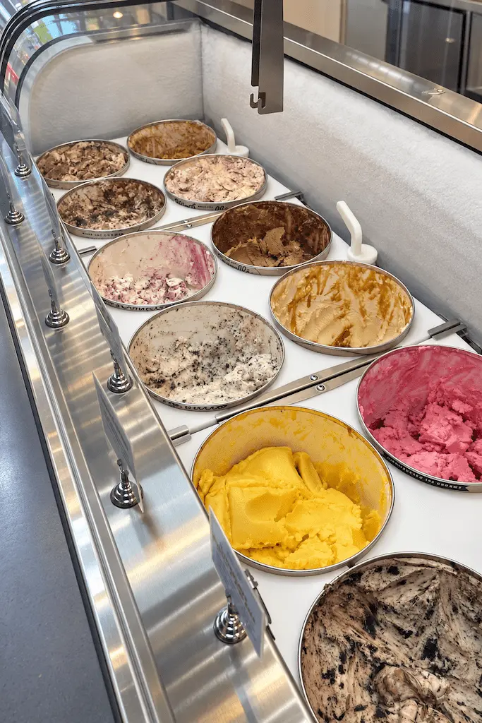 Colorful ice cream flavors inside the display case at McConnell’s Fine Ice Creams