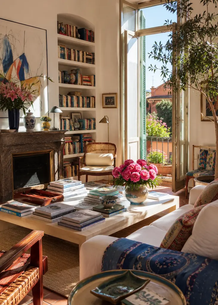Mediterranean design. Sunlit Italian living room with books, fresh flowers, artwork, vintage furniture and an open balcony.