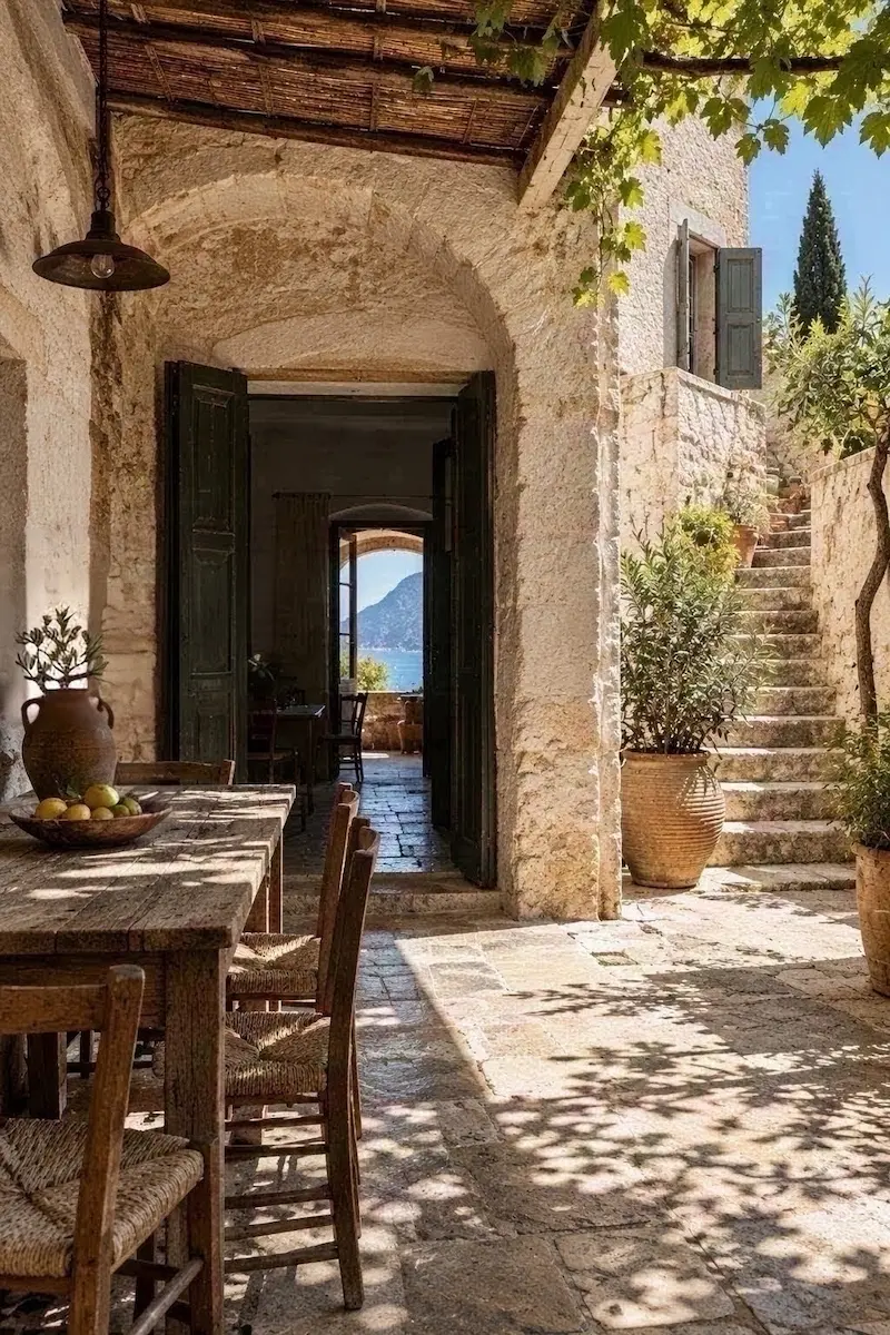 Traditional Mediterranean stone courtyard with deep shade, timber shutters, pergola and outdoor dining table.