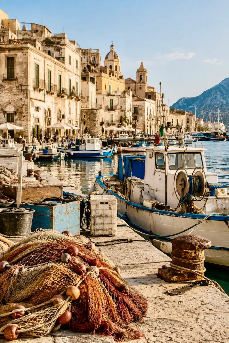 Working Mediterranean harbor with fishing boats, nets and historic waterfront buildings.