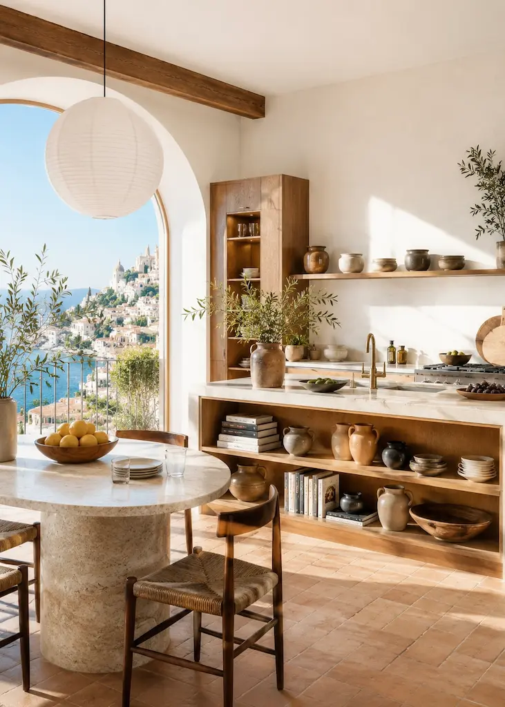 Bright Mediterranean design kitchen with open shelving, ceramics, cookbooks, bowls and everyday storage on display.