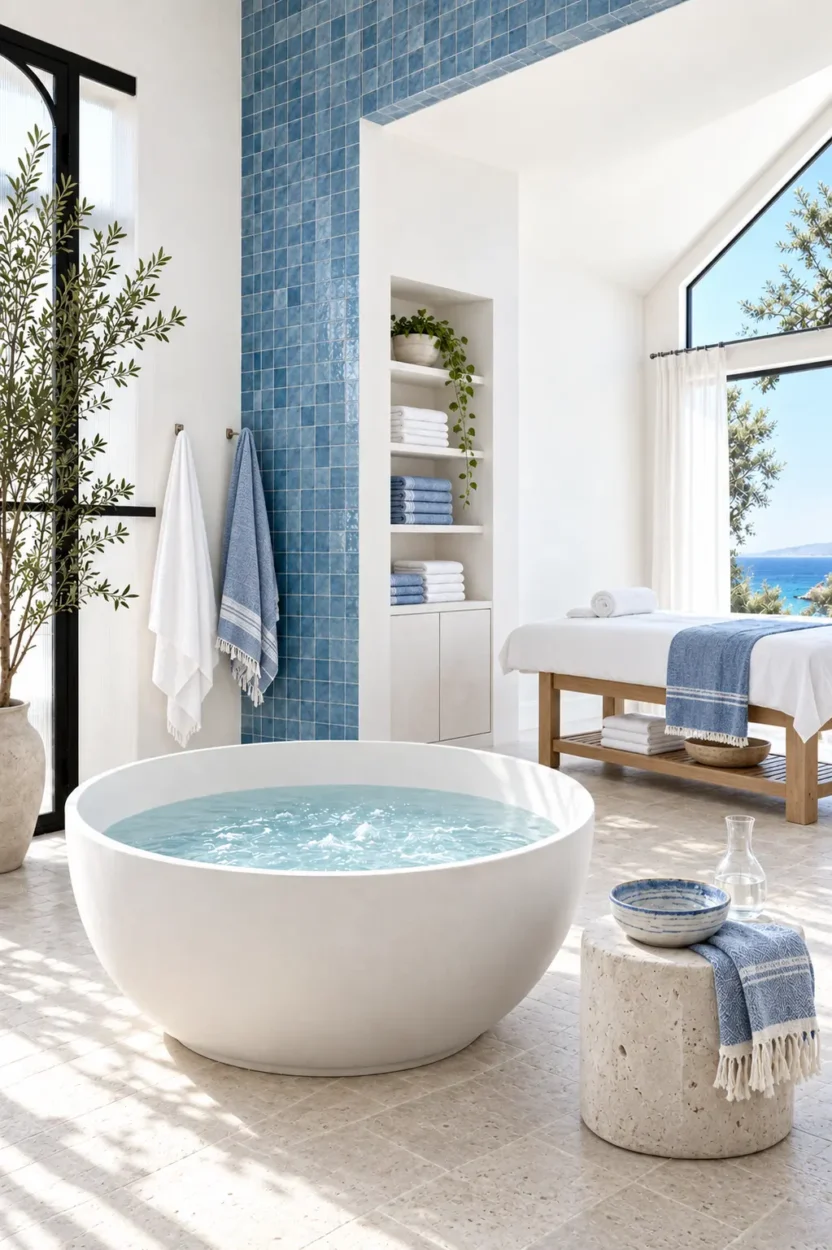 Modern white-and-blue spa interior with a circular soaking pool, blue tiled walls, a treatment table, folded towels and natural daylight.