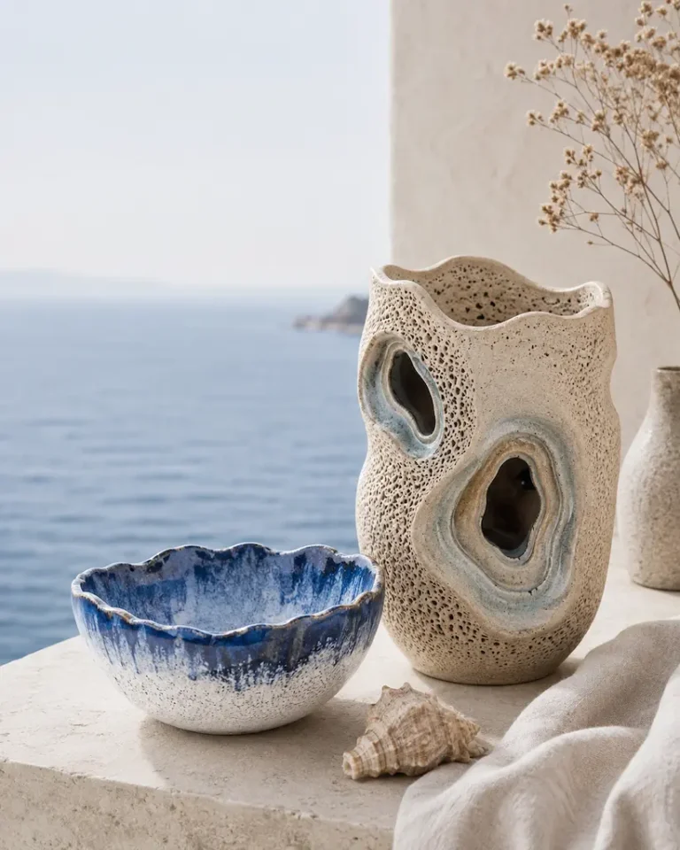 Contemporary handmade coastal ceramics in blue and natural clay tones displayed beside the sea.