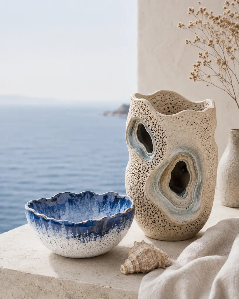 Made by the Coast: Clay, Mosaic and Glass 13 Contemporary handmade coastal ceramics in blue and natural clay tones displayed beside the sea.