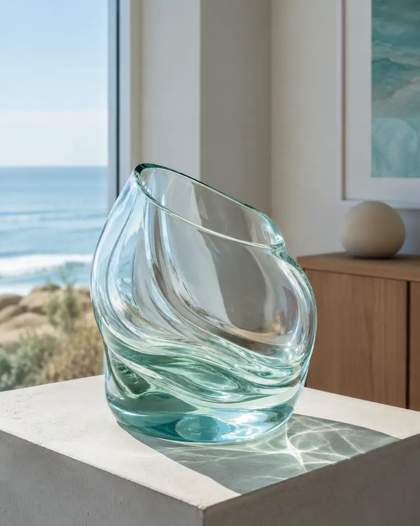 Contemporary hand-blown glass vessel with fluid aqua curves catching sunlight in a modern coastal interior.