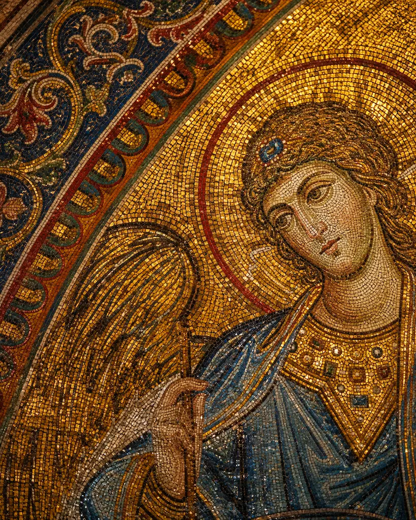 Gold and colored glass mosaic inspired by the Byzantine mosaic tradition of Basilica di San Marco in Venice.