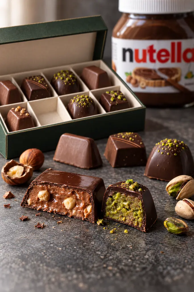 Hazelnut and pistachio chocolates with whole nuts and a Nutella jar representing Piedmont and Gaziantep.