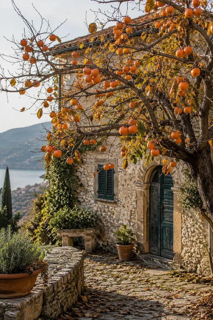 Persimmon tree heavy with ripe orange fruit beside an old stone house in a Mediterranean coastal setting.
