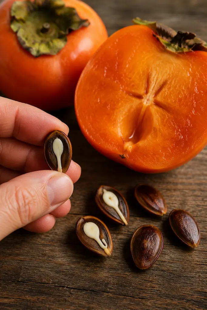 Split persimmon seeds revealing pale spoon-like shapes inside, beside ripe orange persimmons on a rustic wooden table.