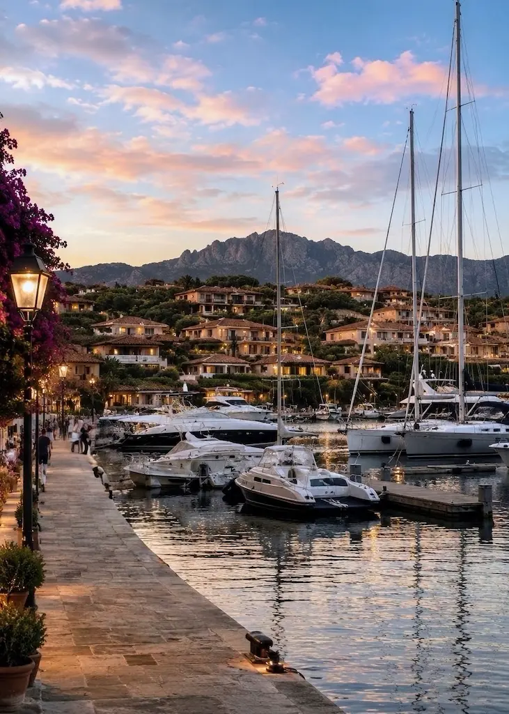Sailboats and yachts in Porto Rotondo Marina at sunset, surrounded by the green hills and terracotta-roofed homes of northern Sardinia.
