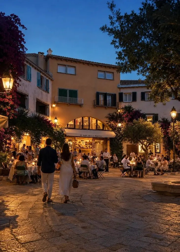 Piazzetta San Marco in Porto Rotondo at dusk, with outdoor café tables, Mediterranean buildings and visitors gathering for the evening.