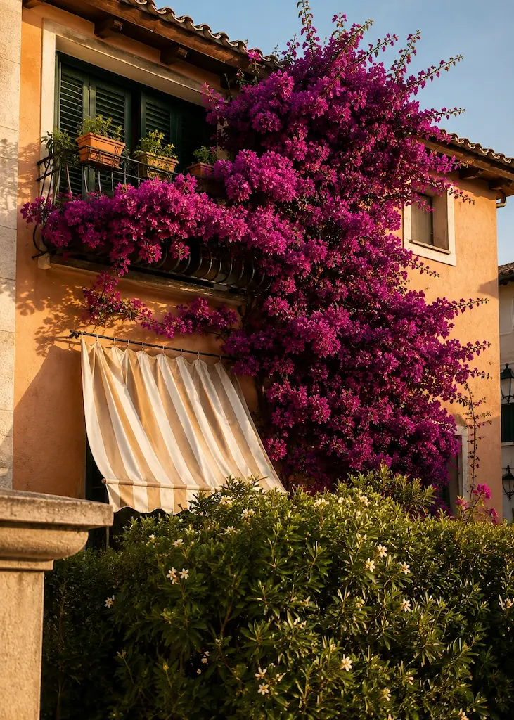 Bougainvillea cascading over a peach-colored house with green shutters in Porto Rotondo, Sardinia.
