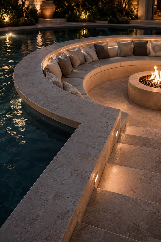 Close architectural detail of a sunken pool lounge showing curved stone seating, steps, concealed lighting, cushions and a central fire bowl.
