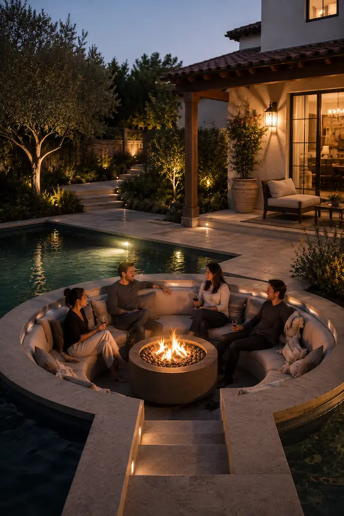 Friends gathered around a fire pit in a sunken pool lounge at dusk, surrounded by water and warm garden lighting.
