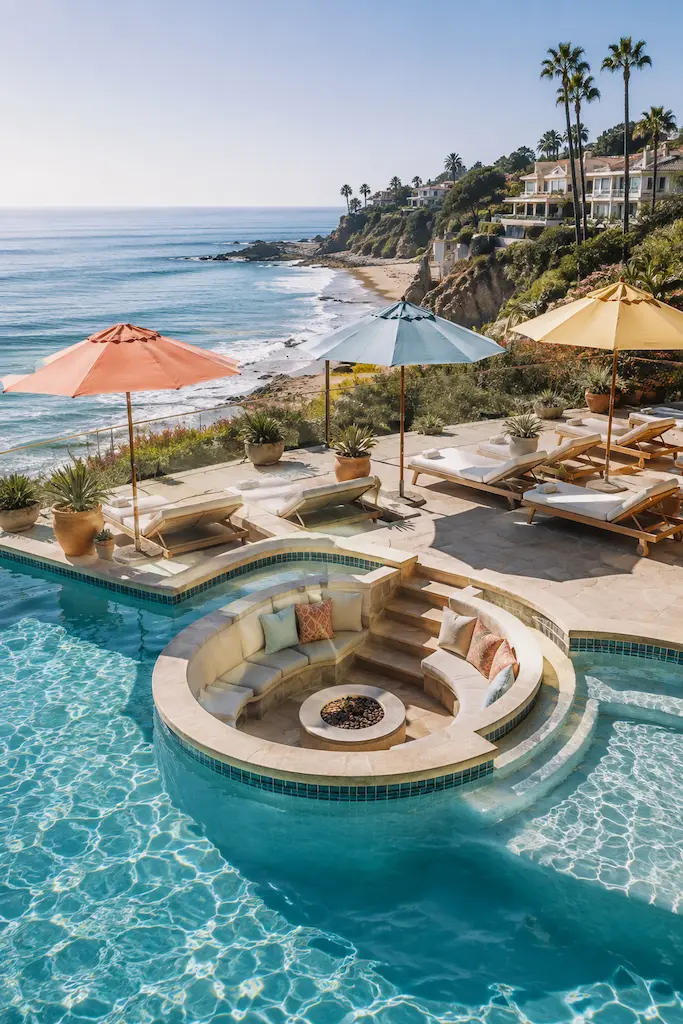 California-style backyard pool with a circular sunken lounge, striped umbrellas and a relaxed residential setting.