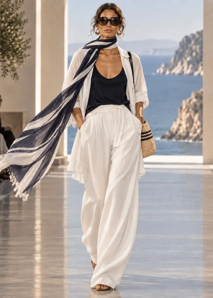Contemporary runway model in navy and white coastal tailoring with relaxed trousers and oversized sunglasses beside the sea