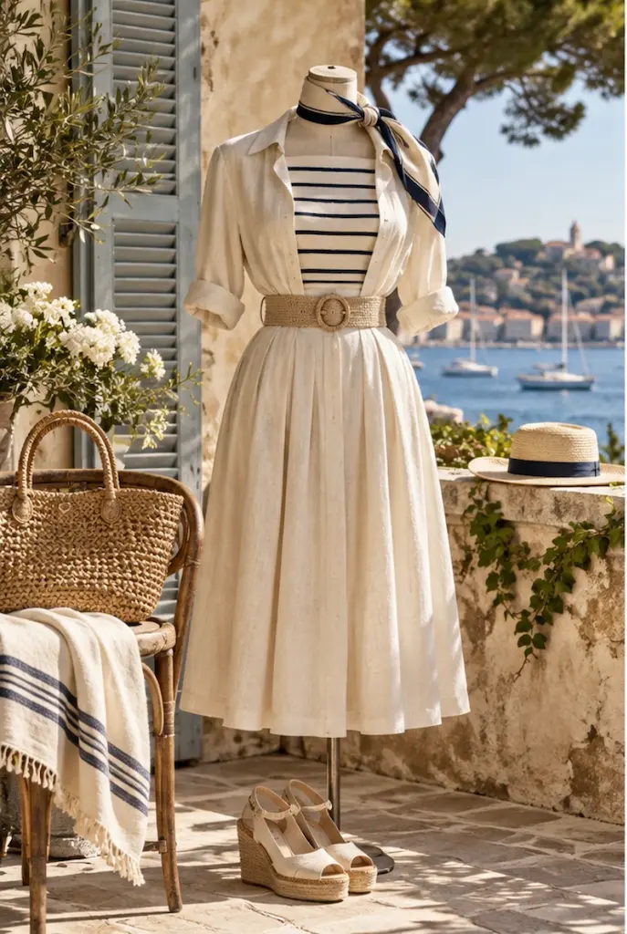 Cream coastal dress, striped top and scarf displayed on a dress form overlooking Saint-Tropez
