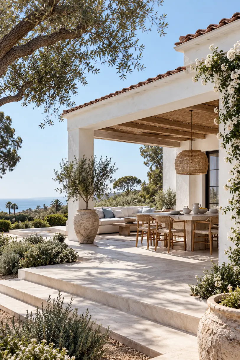 Santa Barbara Mediterranean-style home with white stucco, terracotta roof and shaded indoor-outdoor terrace.
