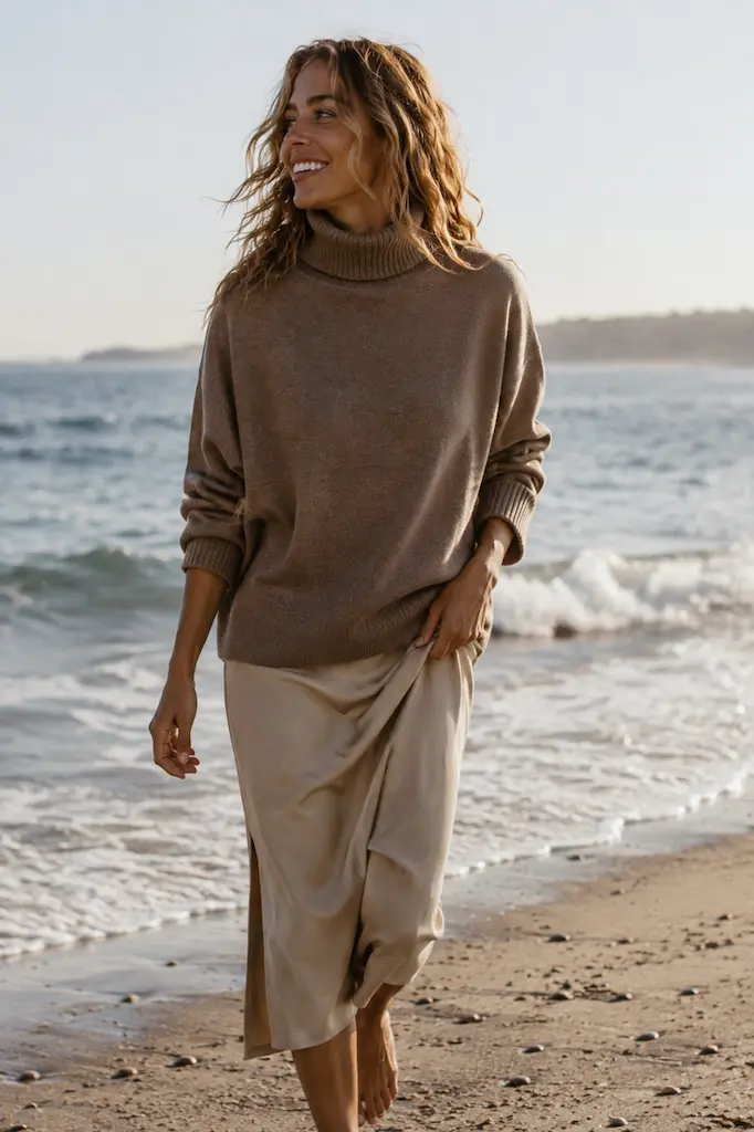 Caliterranean Style: The Art of the Unmatched Match 10 Caliterranean Style: Woman wearing a pale blue cashmere sweater with a flowing ivory satin skirt while walking barefoot on a sunny California beach.