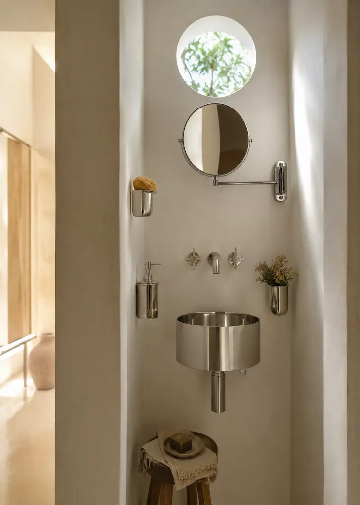 Compact sunlit bathroom niche with a stainless steel basin, wall-mounted mirror and space-saving fixtures.