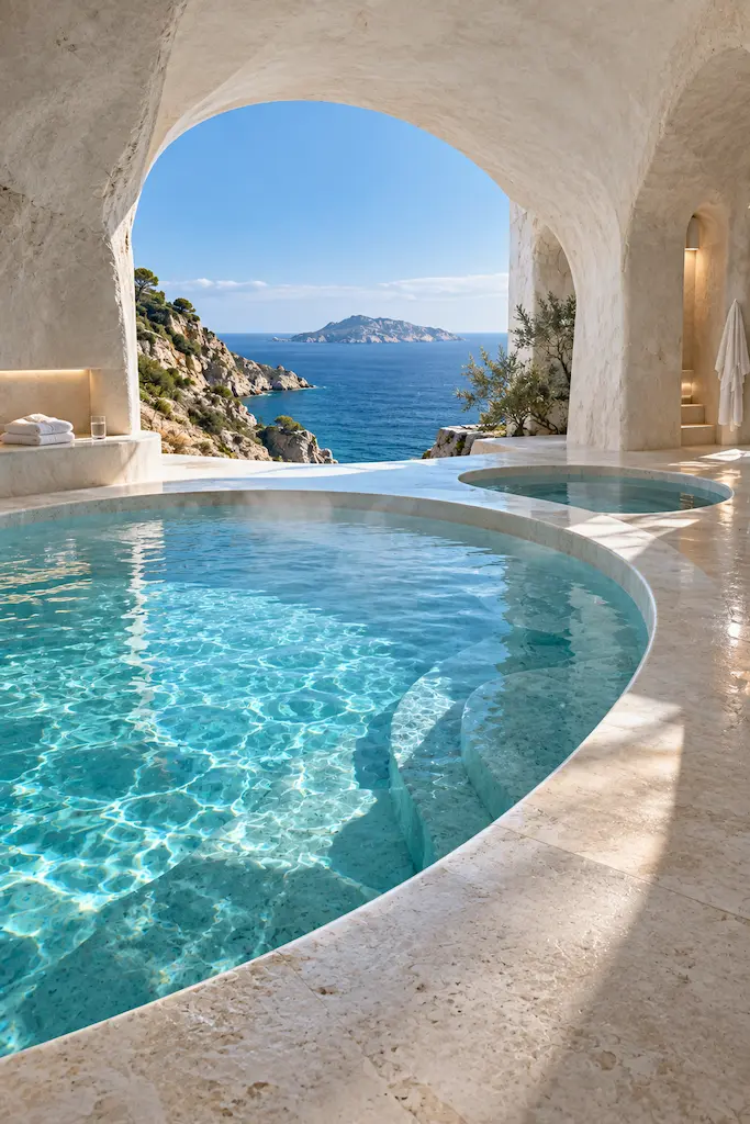 Modern white-and-blue spa interior with a circular soaking pool, blue tiled walls, a treatment table, folded towels and natural daylight.