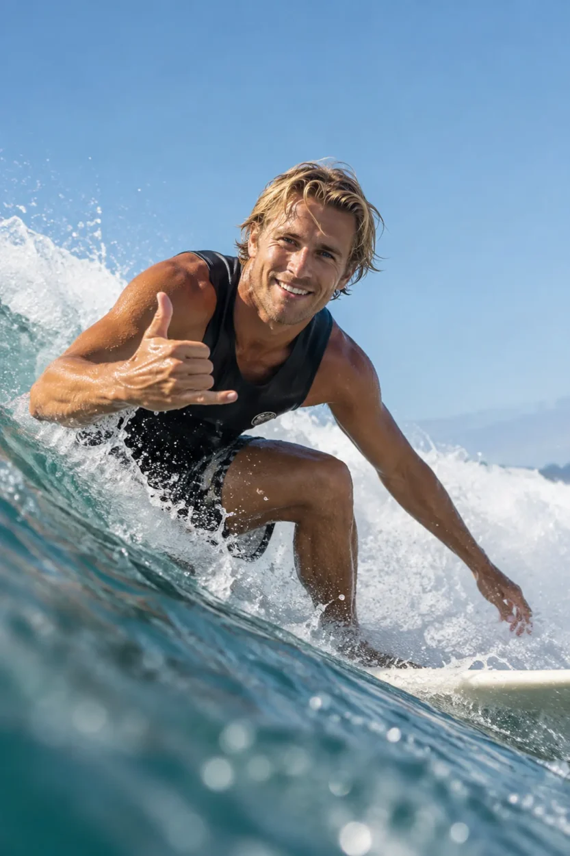 Blond California surfer riding a wave and flashing a shaka hand sign in the Pacific Ocean