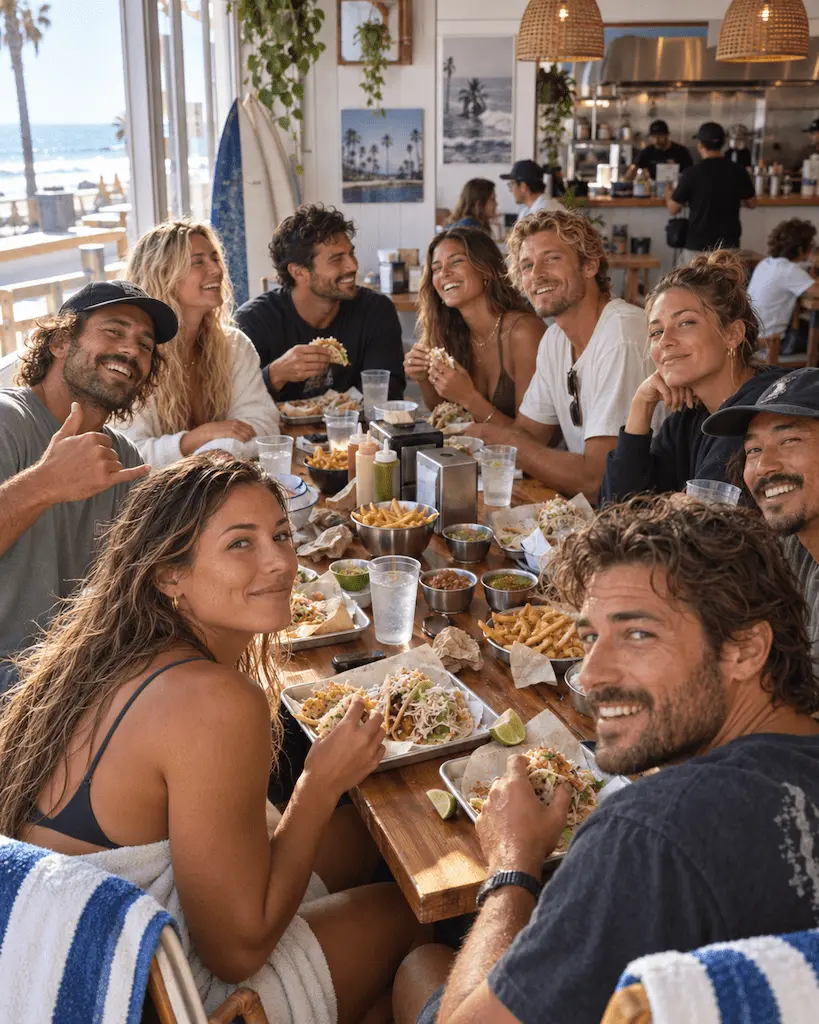 Group of California surfers sharing fish tacos together at a casual beachside restaurant.