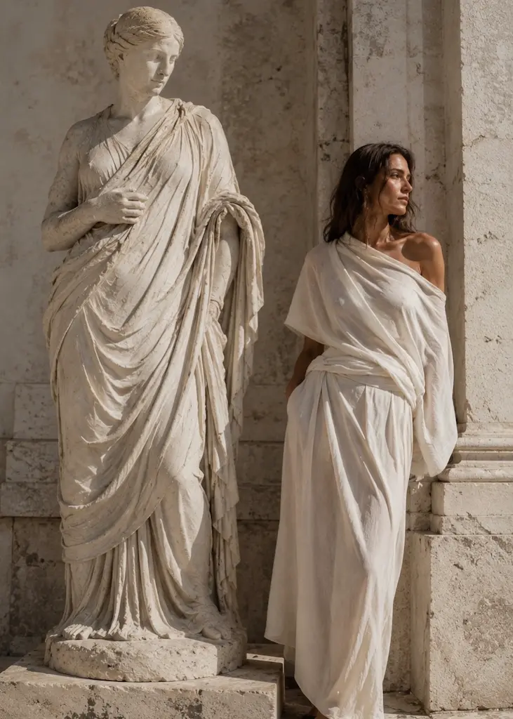 Did Ancient Greece Invent The Effortless Style? 10 Modern woman in an ivory draped summer outfit beside an ancient Greek marble sculpture, illustrating the origins of effortless dressing.