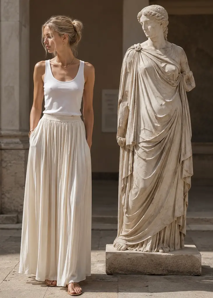 Modern woman in a white tank and softly pleated ivory skirt beside an ancient Greek sculpture with flowing carved drapery.