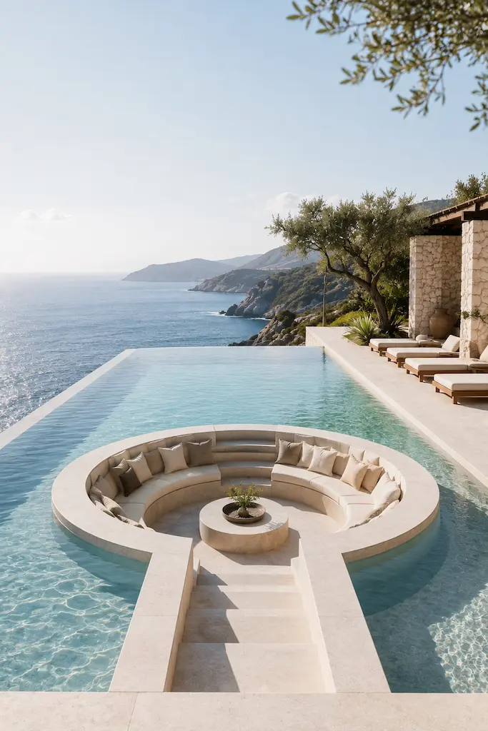 Circular sunken pool lounge overlooking the Mediterranean, with curved built-in seating, pale stone finishes and water surrounding the space.