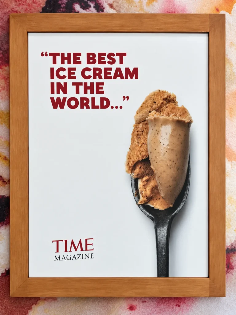Framed Time magazine quote naming McConnell’s the best ice cream in the world
