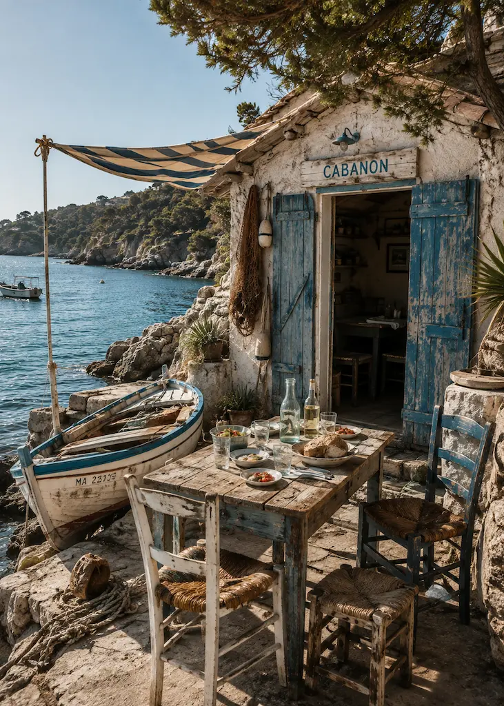Traditional Mediterranean fisherman’s cabanon with blue shutters, a wooden lunch table and a small boat beside the sea