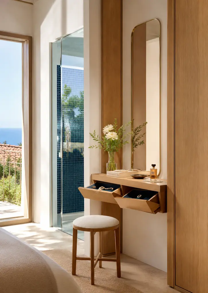 Space-saving built-in vanity with shallow pivot drawers, tall mirror and compact storage beside a bedroom.