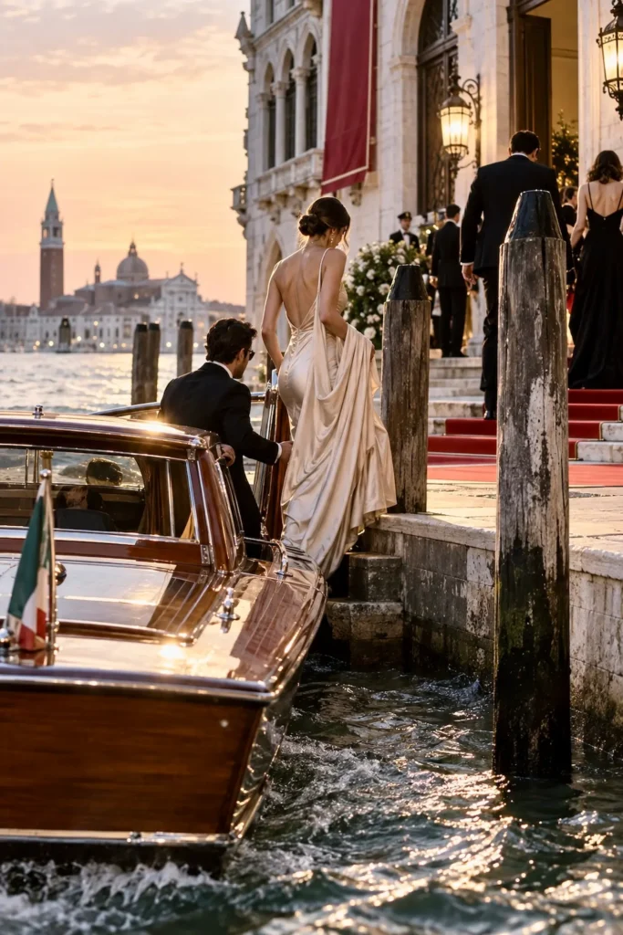 Guests arriving by wooden water taxi for an elegant film festival evening in Venice at sunset