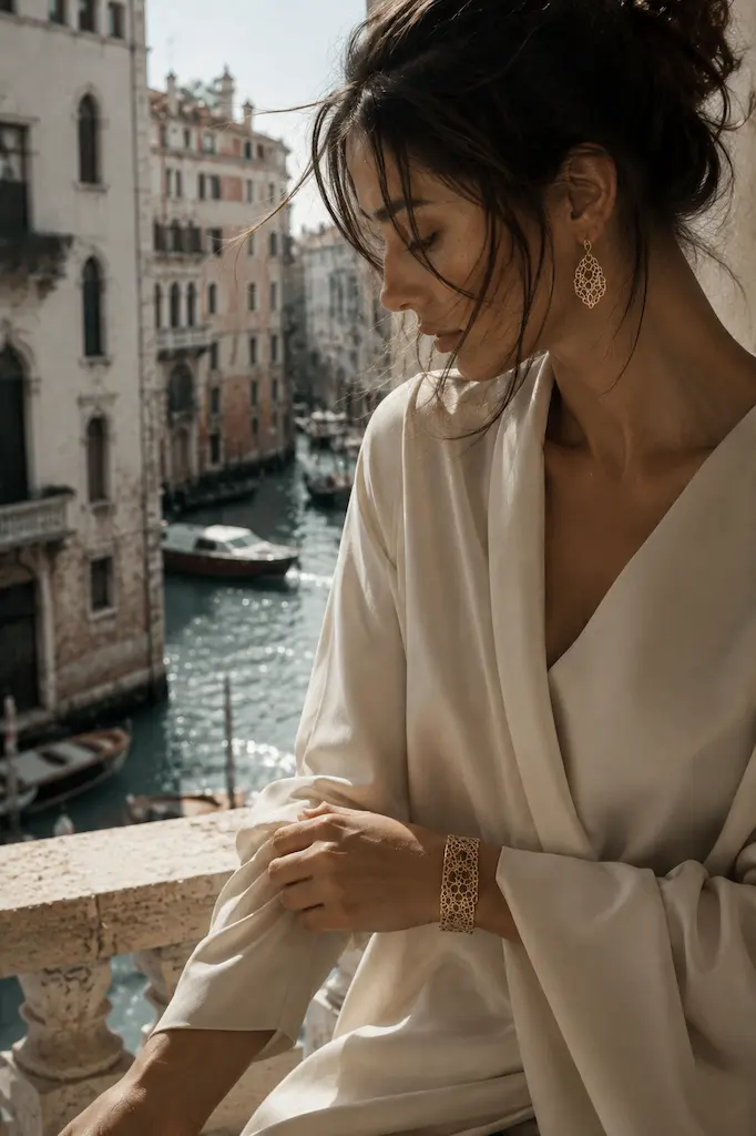 Woman in an ivory blouse wearing openwork gold earrings and necklace against softly lit Venetian stone architecture.