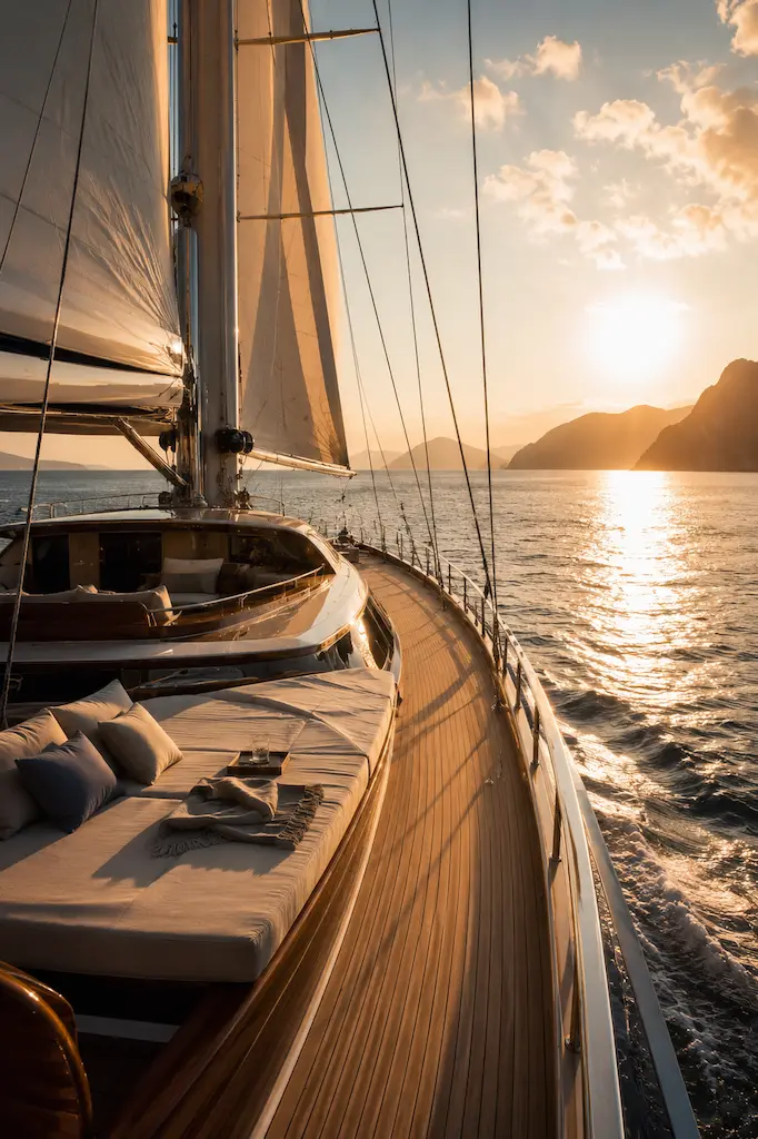 A Luxury Room with a 24-Hour View 12 View from the deck of a sailing yacht across the Mediterranean at golden hour.