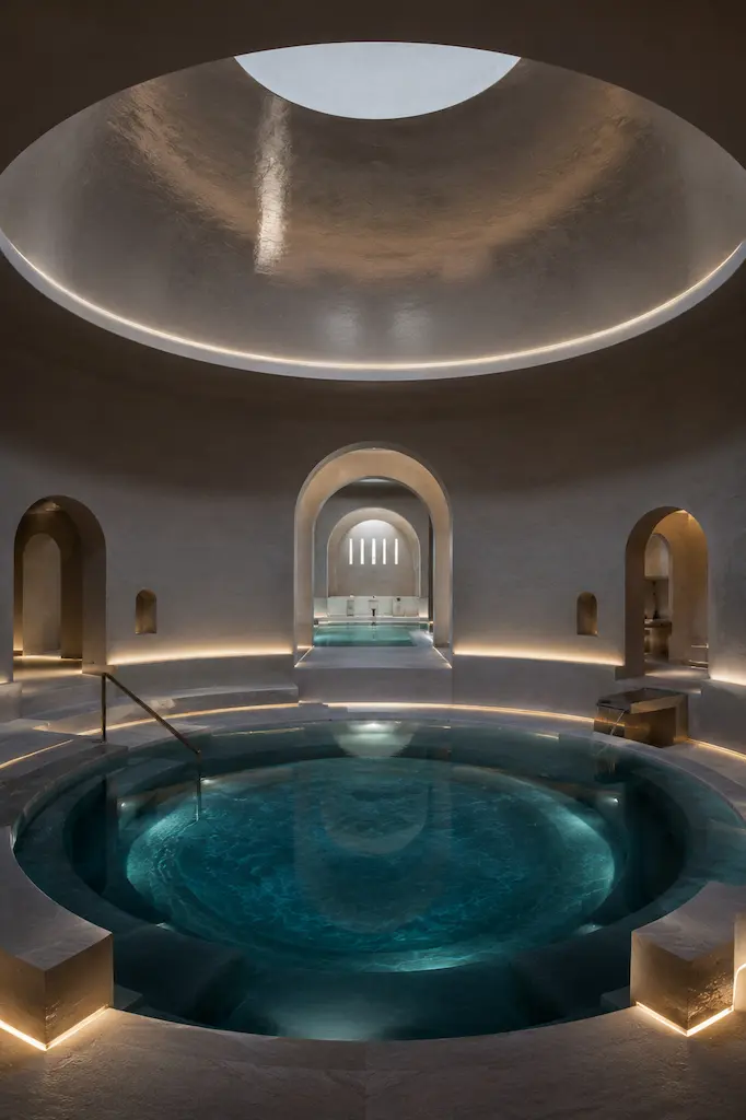 Futuristic Greek-inspired spa with a circular hydrotherapy pool, curved stone architecture and softly illuminated arches.