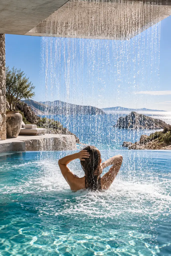 Woman relaxing beneath an outdoor waterfall in a luxury coastal spa overlooking the blue Mediterranean Sea.