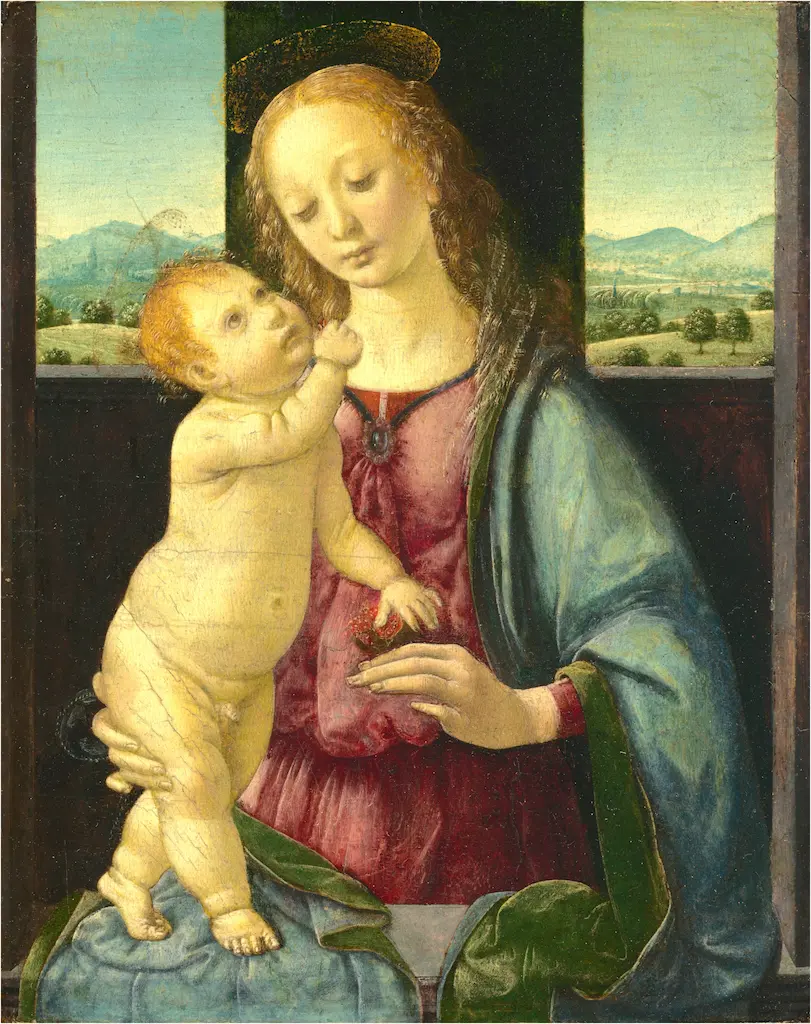 Lorenzo di Credi’s Renaissance painting Madonna and Child with a Pomegranate, showing the symbolic fruit held between the figures.
