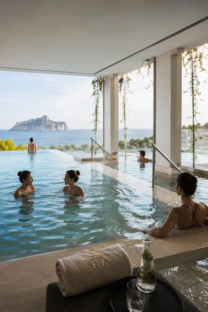 Contemporary Mediterranean wellness spa with pale stone architecture, blue water and a tranquil indoor pool.