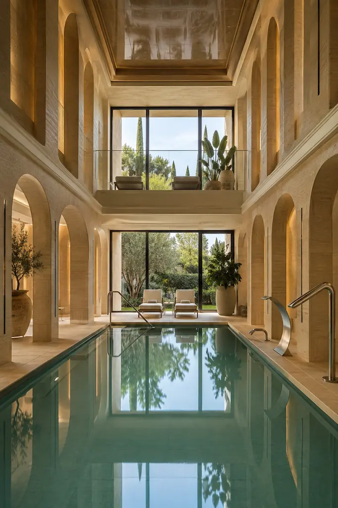 Contemporary Mediterranean modern wellness spa with pale stone architecture, blue water and a tranquil indoor pool.