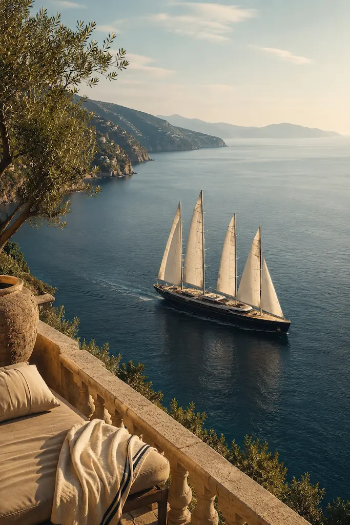 Luxury sailing yacht crossing the Mediterranean beside a sunlit coastal terrace.