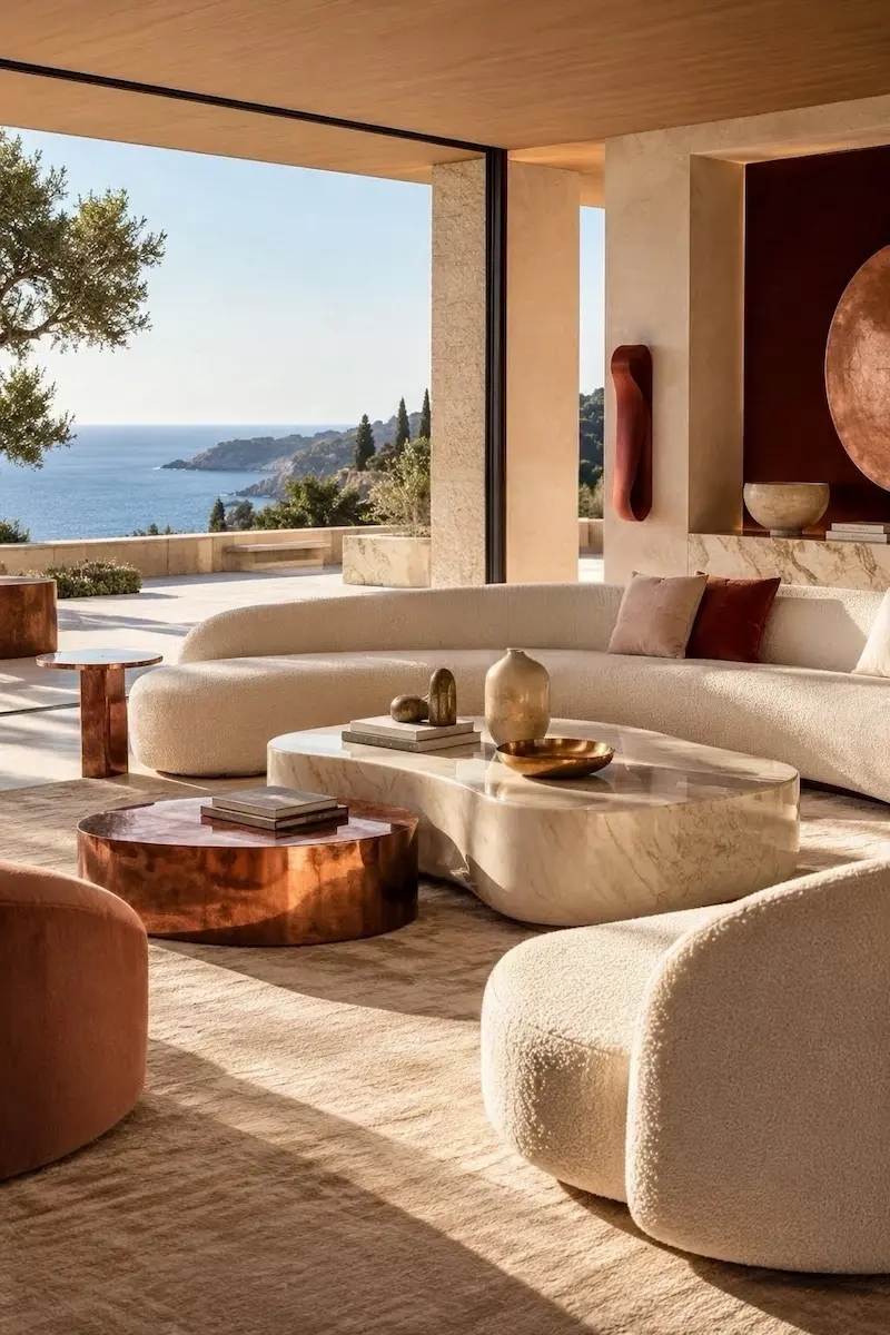 Sculptural coastal living room with curved furniture, pale wood, marble and warm copper and red accents.