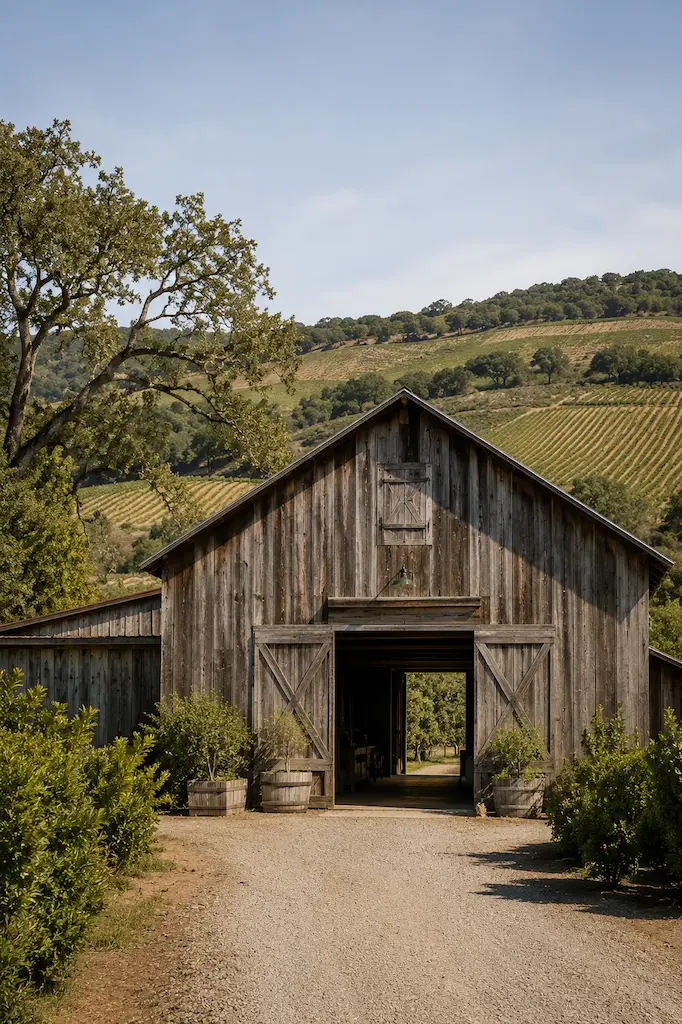 Historic weathered timber barn surrounded by vineyards and rolling California hills, showing the agricultural origins of modern barn architecture.