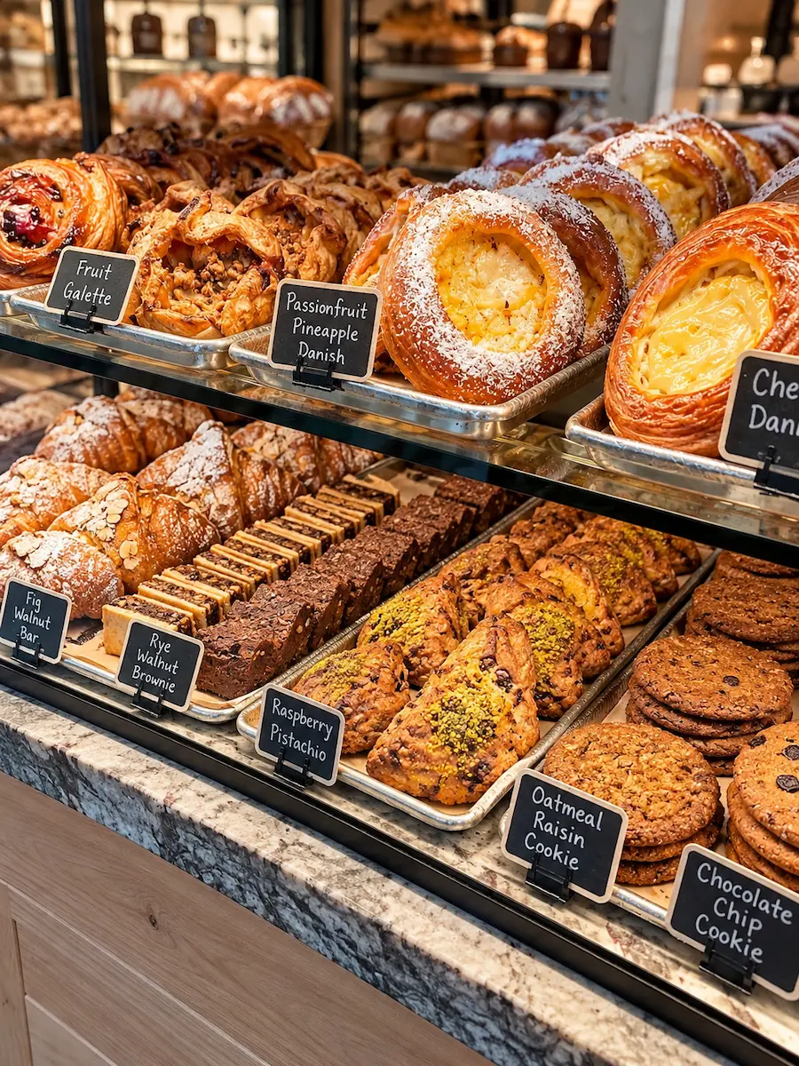 Selection of artisan breads and pastries at Prager Brothers bakery in North County San Diego.