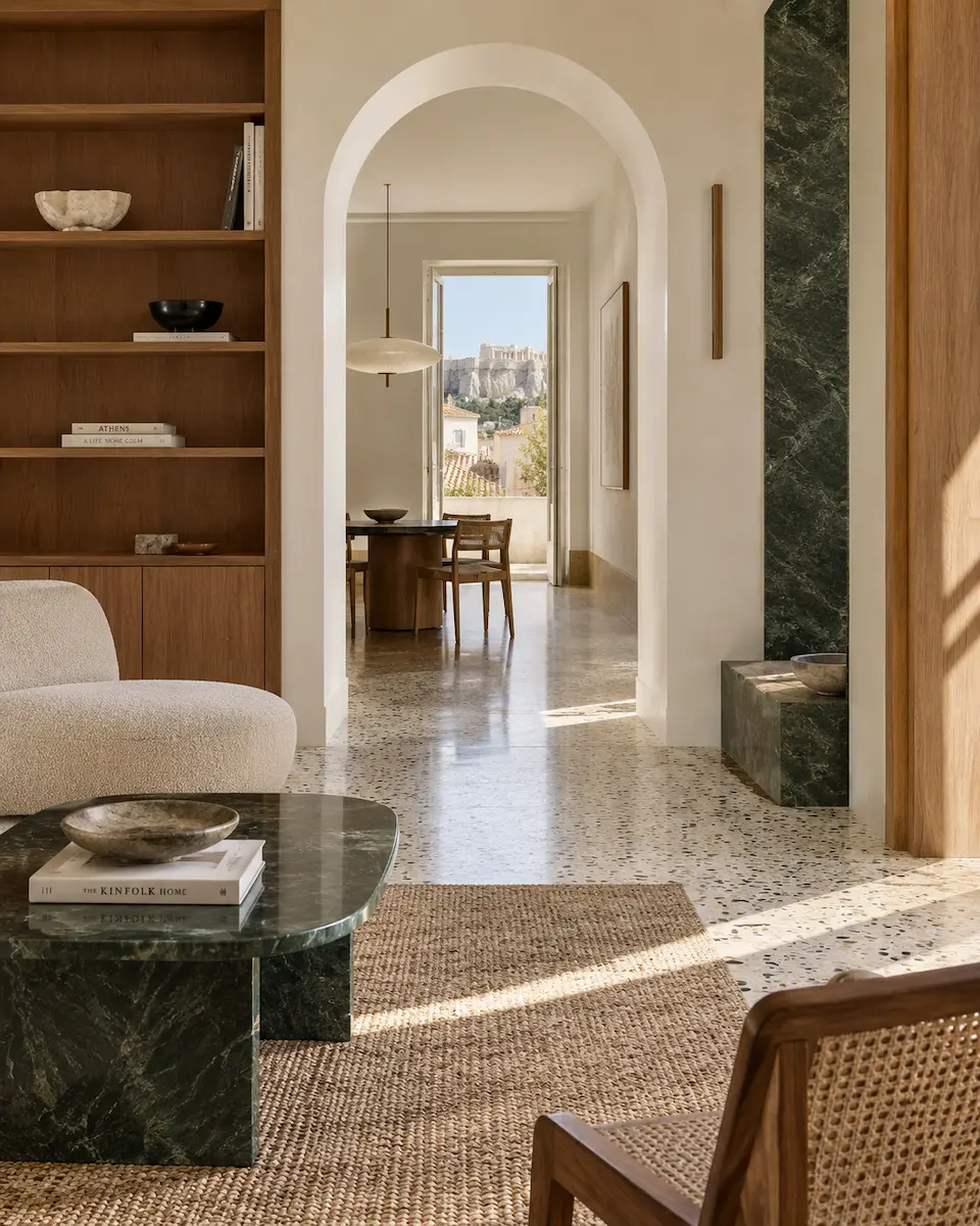 Athens-inspired interior with terrazzo floor, green marble accents and bespoke wood joinery