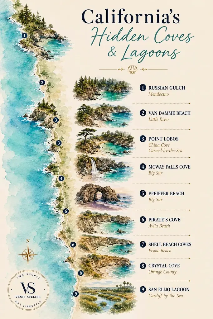 Illustrated map of nine hidden coves and lagoons along the California coast from Mendocino to Cardiff-by-the-Sea